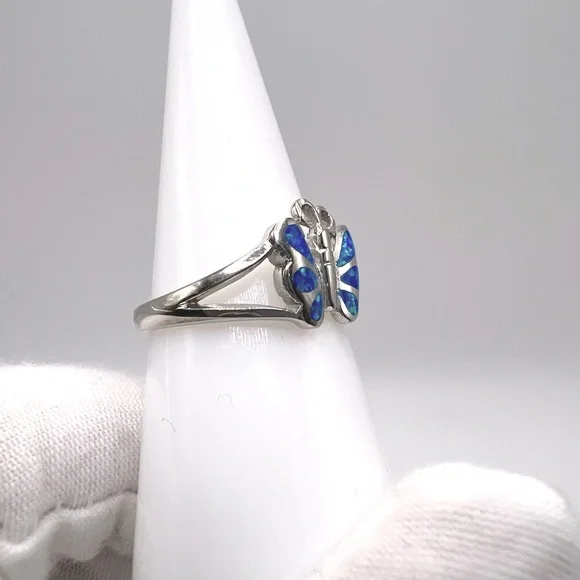 Sale $18 Firm! .925 Sterling Silver Lab Created Blue Opal Butterfly Ring - Picture 11 of 14